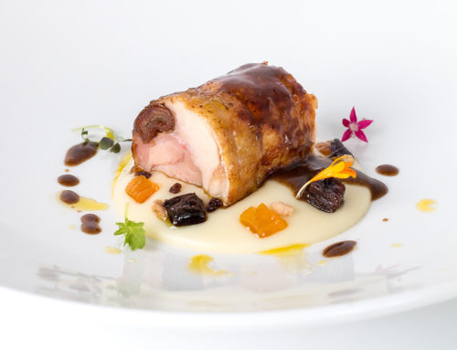Vegetable stuffed poussin with jus,  Pago de Valdecuevas oil, walnuts and dried apricots